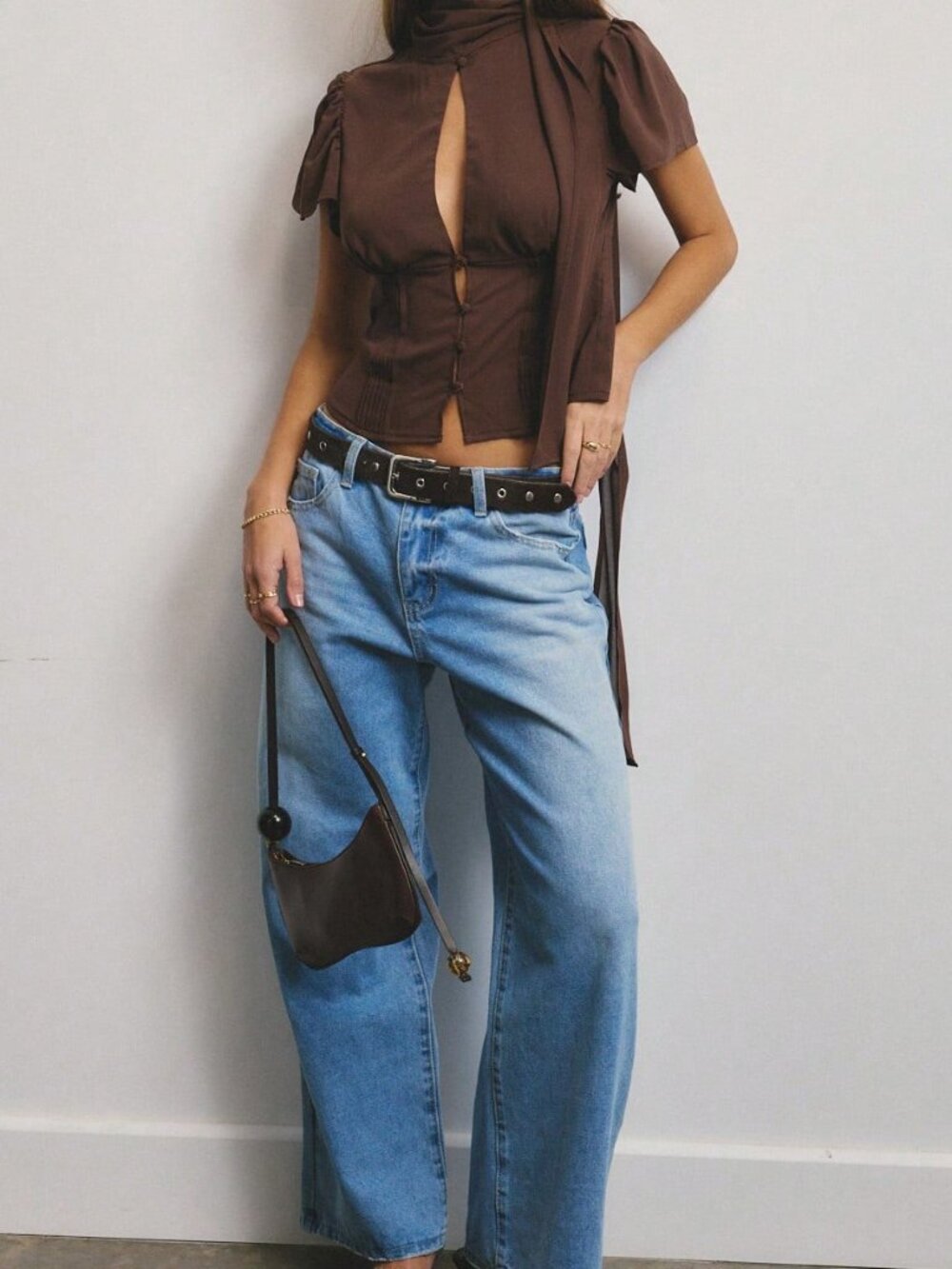 Brown Elegant Women's High Neck Scarf-Detail Puff Sleeve Button Front Woven Top - Picture 6 of 8